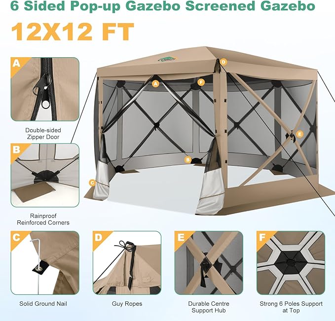 COBIZI 12x12 Pop up Gazebo Screen House Tent for Camping, Outdoor Canopy with Removable Roof&Mosquito Netting, Portable Hub with Carrying Bag and Ground Stakes, Khaki