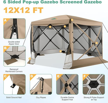 COBIZI 12x12 Pop up Gazebo Screen House Tent for Camping, Outdoor Canopy with Removable Roof&Mosquito Netting, Portable Hub with Carrying Bag and Ground Stakes, Khaki