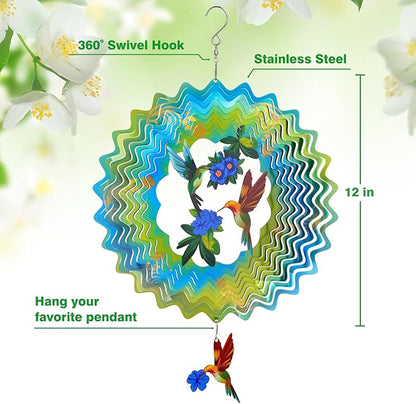 Wind Spinners - 12 Inches Hummingbird Wind Sculptures, 3D Reflective Metal Wind Spinner for Yard and Garden, Home, Outside, Patio Decor, Gifts for Mom, Daughter, Grandma's Birthday, Blue Green