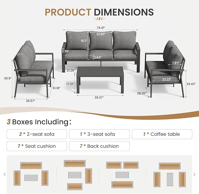 Aluminum Patio Conversation Set with Coffee Table 4PCS Deck Outdoor Furniture 7-Seat All-Weather Rust-Proof Sectional Sofa Set with Removable Cushion for Backyard, Poolside & Small Spaces