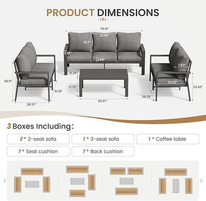 Aluminum Patio Conversation Set with Coffee Table 4PCS Deck Outdoor Furniture 7-Seat All-Weather Rust-Proof Sectional Sofa Set with Removable Cushion for Backyard, Poolside & Small Spaces
