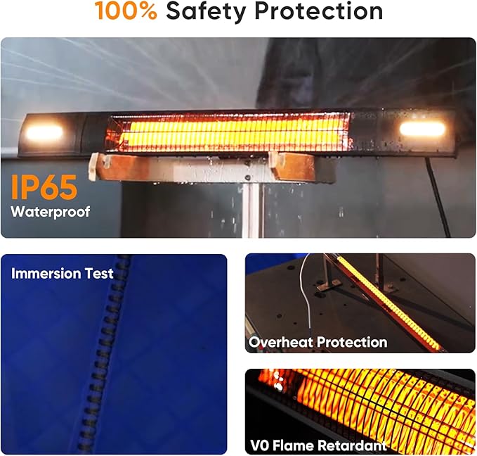 YESERLl Electric Patio Heater with LED Light- 1500w Outdoor Fast Heating with 3 Power Setting,Wall Mounted Carbon Infrared Heater Quiet - IP65 Waterproof and 24H Timer for Snow Outdoor