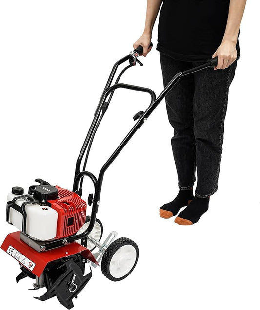 52CC 2 Stroke Mini Tiller Cultivator, Garden Tiller Gas Powered Hand Rotary Cultivator Rototiller Garden Tool with Long Handle for Garden & Lawn, Digging, Weed Removal & Soil Cultivation.