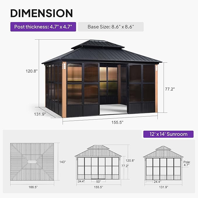 PURPLE LEAF 12' X 14' Sunroom Patio Hardtop Gazebo Double Top Galvanized Steel Screen House Aluminum Sun Room Outdoor Solarium for Garden Backyard and 24 Solar String Light