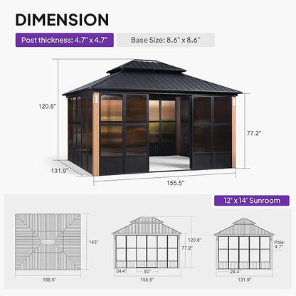 PURPLE LEAF 12' X 14' Sunroom Patio Hardtop Gazebo Double Top Galvanized Steel Screen House Aluminum Sun Room Outdoor Solarium for Garden Backyard and 24 Solar String Light