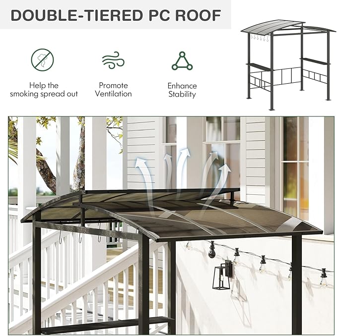 Tangkula 8x5 FT Hardtop Grill Gazebo, Outdoor Double-Tiered Barbecue Canopy with Vented Polycarbonate Roof, 2 Side Shelves, 6 Hooks, Outdoor Grill Shelter for Patio Garden Lawn Deck (Black)