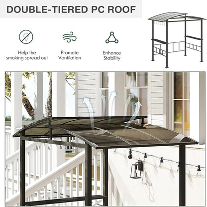 Tangkula 8x5 FT Hardtop Grill Gazebo, Outdoor Double-Tiered Barbecue Canopy with Vented Polycarbonate Roof, 2 Side Shelves, 6 Hooks, Outdoor Grill Shelter for Patio Garden Lawn Deck (Black)