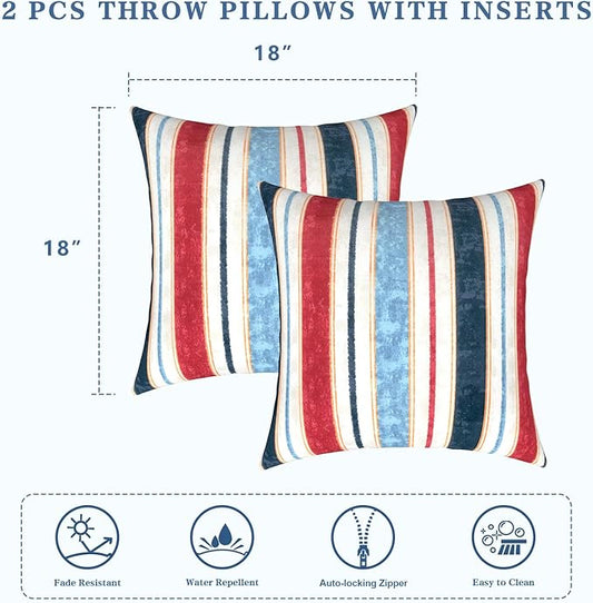 LVTXIII Outdoor/Indoor Throw Pillows, Decorative Throw Pillows with Inserts, 18"x18" Square Pillows for Bed, Couch, Sofa and Patio Furniture, Set of 2, Stripe Red Blue