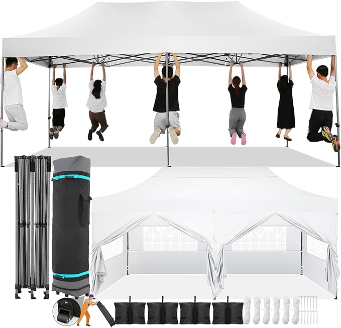 COBIZI 10x20 Pop Up Canopy with 6 Sidewall,Heavy Duty Canopy UPF 50+ All Season Wind Waterproof Commercial Outdoor Wedding Party Tents for Parties Canopy Gazebo with Roller Bag(10 x 20 ft White)