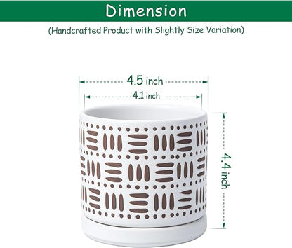 D'vine Dev Set of 2 Ceramic Planter Pots with Drainage Hole and Saucer, 4.5 Inch Plant Pots for Plants Indoor Houseplants, White, 99-Z-F-1-V