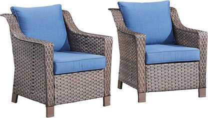 Outdoor Wicker Chair Set of 2-Outdoor Patio Chairs with Deep Seating Patio Dining Chairs for Deck Balcony Poolside Backyard-Brown/Blue