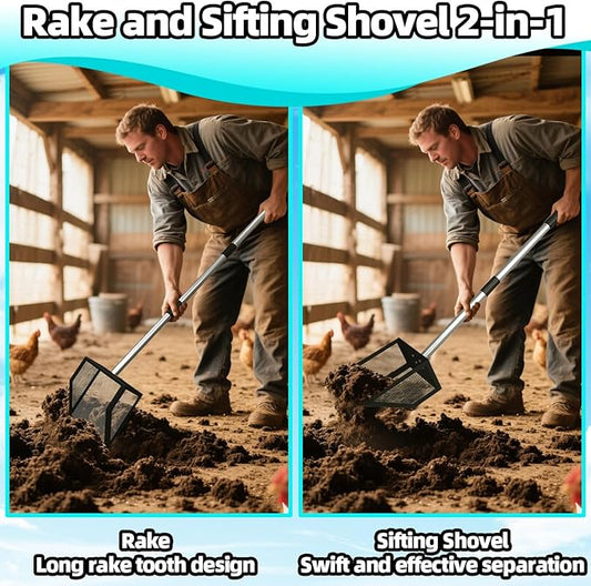 Chicken Poop Scooper for Coops Small Farm Animals with Fine Sieve Coop Rake 2-in-1 Scoop 24" to 67" Adjustable Stainless Steel Handle Durable Sand Sifting Litter Shovel for Animal Sheds Garbage