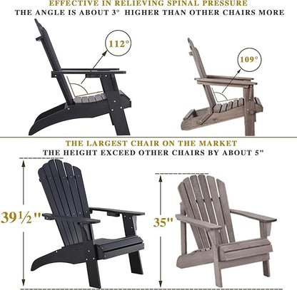 Psilvam Adirondack Chair, Oversized Poly Lumber Fire Pit Chair with Cup Holder, 350Lbs Support Patio Chairs for Garden, Weather Resistant Outdoors Seating, Relaxing Gift for Father & Mother (Black)