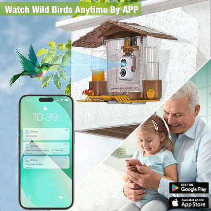 GUTINNEEN Smart Bird Feeder with Camera, High Resolution AI Camera for Wild Bird Identification, Hummingbird Feeder with Camera Solar Powered, Wireless Camera Gift for Bird Lover (Brown), AIR106