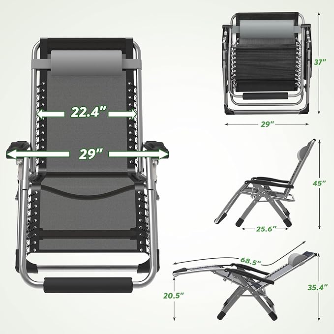 ZENPETIO 29In XL Zero Gravity Chair w/Cushion, Zero Gravity Recliner Lounge Chair for Indoor and Outdoor, Reclining Camping Chair for Lawn, Anti Gravity Chair with Cup Holder and Footrest, 440LBS
