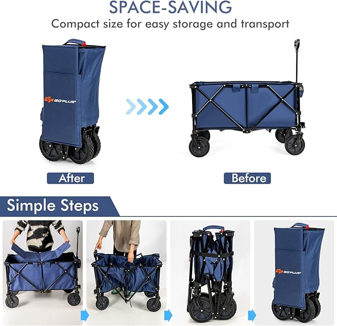 Goplus Collapsible Wagon, Folding Utility Wagon Cart w/Universal Wheels & Adjustable Handle & Cover Bag, Grocery Wagon for Garden Shopping Camping (Navy)