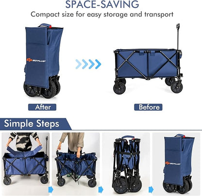 Goplus Collapsible Wagon, Folding Utility Wagon Cart w/Universal Wheels & Adjustable Handle & Cover Bag, Grocery Wagon for Garden Shopping Camping (Navy)