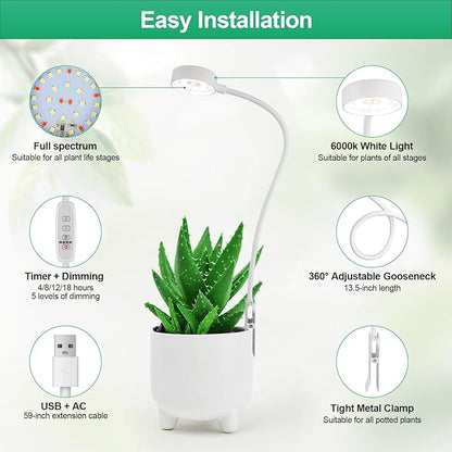 Pot Clip LED Grow Lights for Indoor Plants, Full Spectrum with 5-Level Dimmable, Auto On Off 4/8/12/18 Hrs Timer for Succulents, Small Plant, White, 5V, 2 Pack