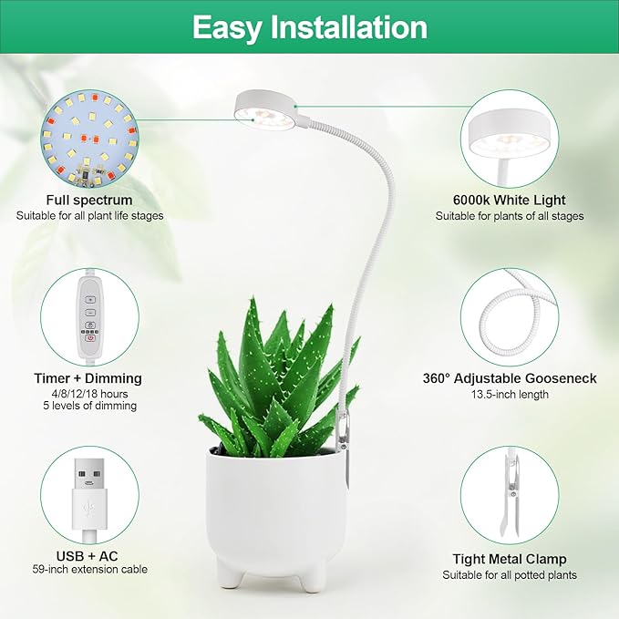 Grow Lights for Indoor Plants, Pot Clip LED Plant Lights for Indoor Growing, Full Spectrum, Plant Lamp with 5-Level Dimmable, Auto On Off 4/8/12/18 Hrs Timer for Succulents, Small Plant, White, 5V.