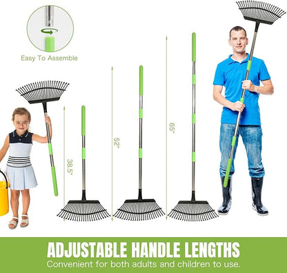 Joyhalo Rake for Leaves Adjustable 65 Inch Long, 18 Inch Wide Garden Rake with 25 Tines, Metal Leaf Rakes, Rakes for Lawns, Gathering Leaves, Weeds, Debris