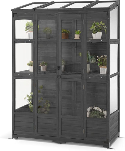 MCombo Wooden Greenhouse, Walk-in Outdoor Greenhouse with Openable Roof and Lockable Door, 0899 (Dark Grey)