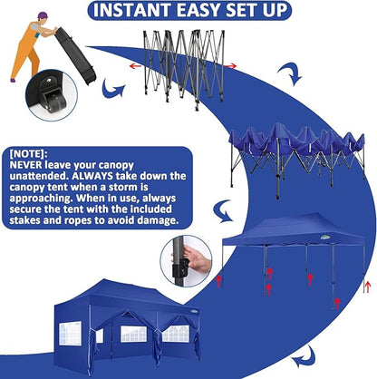 COBIZI 10x20 Pop Up Canopy with 6 Sidewall,Heavy Duty Canopy UPF 50+ All Season Wind Waterproof Commercial Outdoor Wedding Party Tents for Parties Gazebo with Roller Bag(10 x 20 ft Dark Blue)