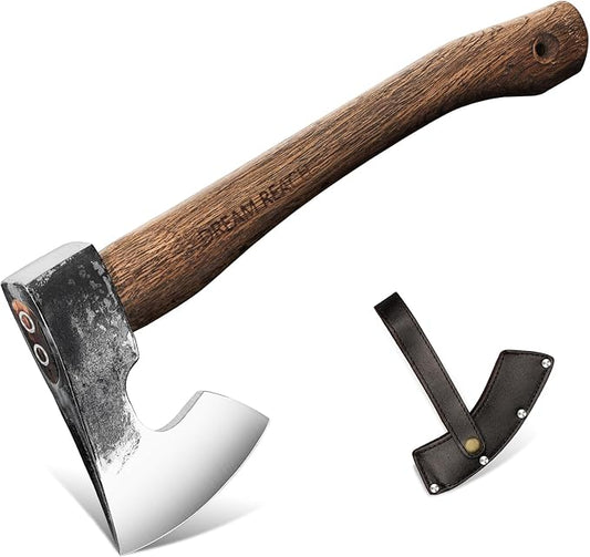 Dream Reach 14.5"" Camping Hatchet with Sheath, Bushcraft Axe with Carbonized Handle, Hand Forged Carving Axe, Splitting Hatchet for Chopping Wood, Gardening, Black