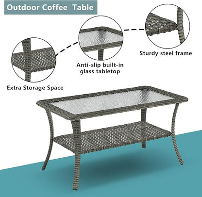 Outdoor Wicker Patio Furniture Set - 6 Piece Rattan Patio Conversation Set with 2 Rocking Swivel Chairs,2 Ottomans,1 Loveseat and 1 Coffee Table for Porch Deck Backyard Garden(Mixed Grey/Blue)