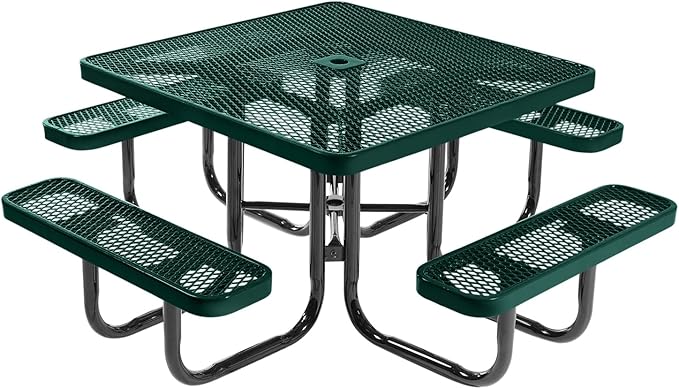 COATEDOUTDOORFURNITURE Heavy-Duty Portable Outdoor Picnic Table with Umbrella Hole, Expanded Metal Commercial-Grade Patio Dining Furniture Made in America (46" Square Top, Dark Green)