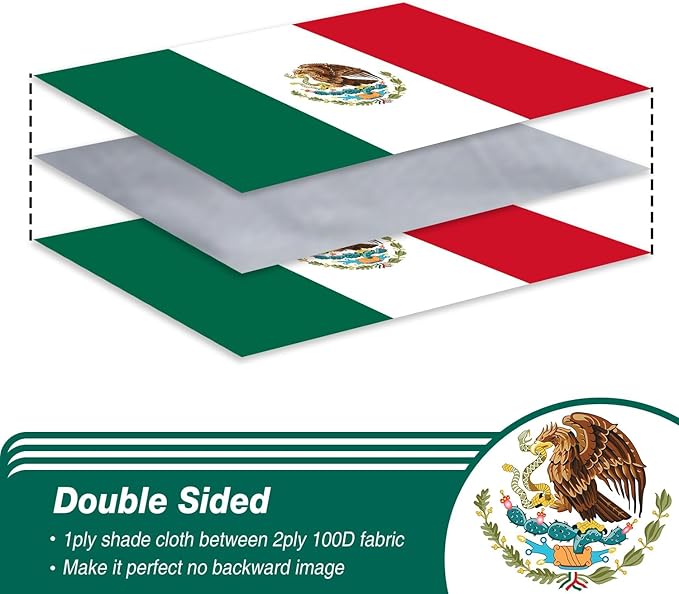 Mexico Mexican Flag 3x5 ft Outdoor, Double Sided 3 Ply Heavy Duty National Flag for MX, 100% Quality Polyester Mexico Mexicana Banner with Brass Grommets 4 Rows Stitches