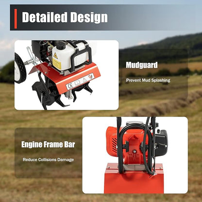 Garden Tiller Cultivator,52CC 2-Stroke Gas Powered Engine Rototiller Garden Tool with Widened Mud Flap Cordless with Long Handle Strong Power Garden Cultivator for Plowing Turning Soil Ditching