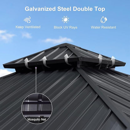 PURPLE LEAF 10' X 10' Hardtop Gazebo Permanent Gazebo with Galvanized Steel Double Roof for Patio Lawn Garden Aluminum with Netting and Curtains Grey
