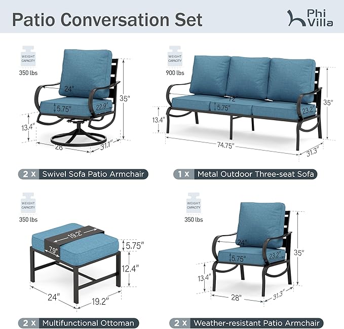 PHI VILLA 7 PCS Patio Furniture Set,Metal Outdoor Furniture with 1x 3 Seater Cushioned Deep Seating Bench Sofa, 2 Swivel Chair, 2 x Leg Chairs & 2 Ottoman for 7 Person, Navy Blue