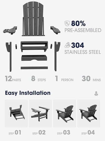 KINGYES Adjustable Folding Adirondack Chair with Footrest & 4-in-1 Multi-Functional Armrest Organizer, HDPE Foldable Reclining Adirondack Chair with Pull-Out Ottoman, Gray
