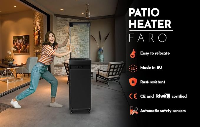 Planika Faro Propane Patio Heater 59" 32,000 BTU Modern Freestanding Glass Tower with Wheels, Smokeless 360° Flame, Cover & Regulator Included for Commercial & Residencial Outdoor Spaces
