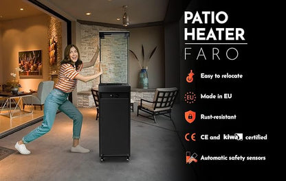 Planika Faro Propane Patio Heater 59" 32,000 BTU Modern Freestanding Glass Tower with Wheels, Smokeless 360° Flame, Cover & Regulator Included for Commercial & Residencial Outdoor Spaces