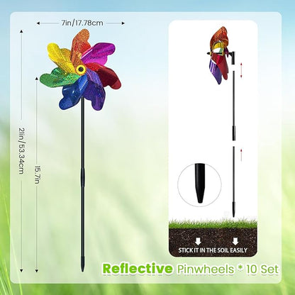10 PCS Reflective Pinwheels for Yard and Garden Bird Devices Pre-Installed Sparkly Wind Spinner Deterrent to Scare Birds Away from Yard Patio Farm (Multicolor-2)