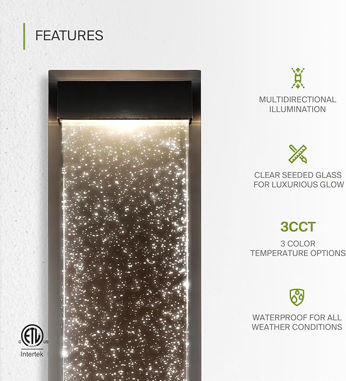 ASD LED 24 Inch Bubble Glass Wall Light Fixture | 22W 530LM 3000K-5000K 100-277V | 3CCT, Waterproof, Dimmable, Up-Down Glow, ETL Listed | Exterior Flush Mount Sconce, Outdoor Lighting | Black, 2 Pack