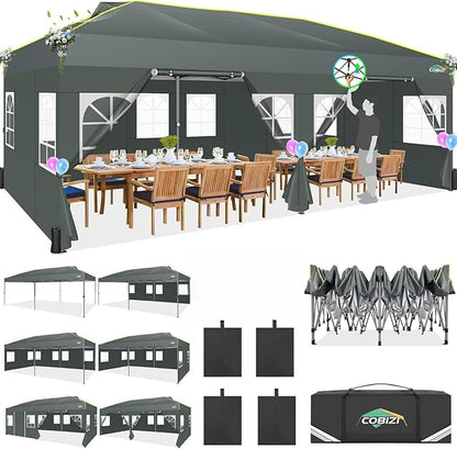 COBIZI 10x20 Pop Up Canopy with 6 Sidewalls One Push Setup Outdoor Event Shelter Waterproof UPF 50+ Gazebo Tent with Carry Bag,Air Vent,Sandbag for Commercial, Wedding, Party,Grey