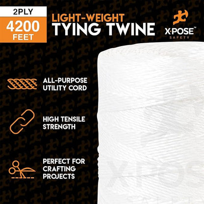 Polypropylene Tying Twine - 2 Ply White Plastic Poly Twine String 4200' Roll - Soft On Hands - Heavy Duty Outdoor & Indoor Tie Line - Baling, Shipping & Bundling Twine, Packaging Rope