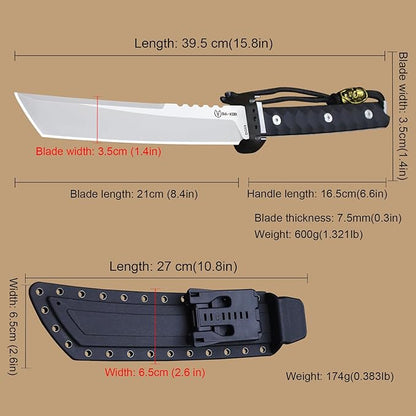 BA-KOR 15.8in Full Tang Japanese Style Outdoor Knife –8mm DC53 Steel, Nylon Fiber Handle &Sheath, Hunting Survival Knife+(5.9in) cerium igniter (Black handle and white blade (8mm))