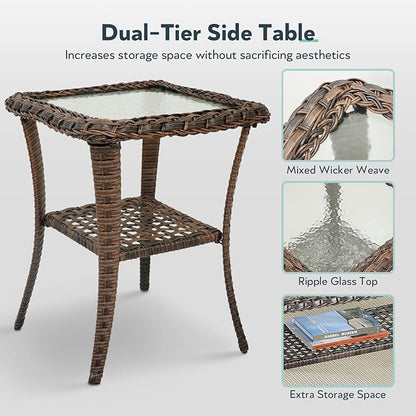 5 Pieces Wicker Patio Furniture Set - Hollow Widen Armrests Outdoor Rattan Chairs with Ottomans and Side Table, Small Patio Convention Set for Balcony Porch Deck and Yard - Brown/Beige