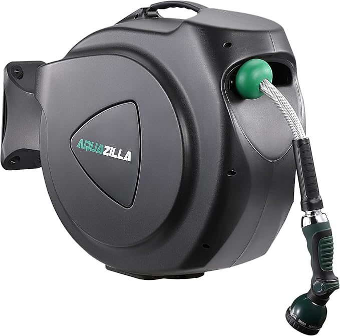 Retractable Garden Hose Reel, 100Ft x 5/8" Durable Wall Mounted Water Hose Reel with 180° Swivel Bracket, 9 Pattern Sprayer, 6Ft leader hose,Smooth Automatic Rewind, Any Length Lock.