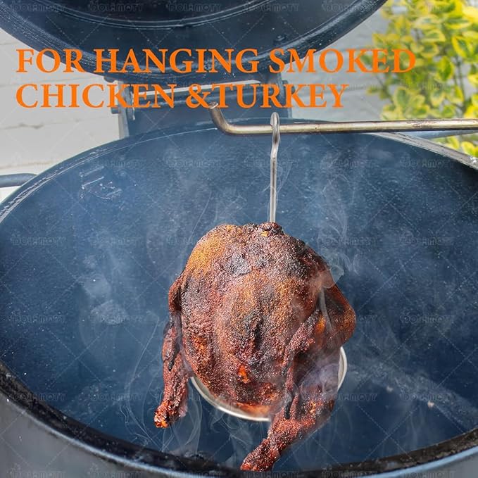 Upgraded Turkey Fryer Stand Kit and Vertical Skewer Set, Thanksgiving Turkey Fryer Accessories Poultry Turkey Hanger Chicken Rack for Grill Stainless Steel (with Lifter Hook)