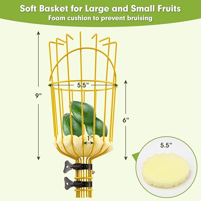 INFLATION Fruit Picker Tool,Apple Picker Pole with Basket,8 FT Adjustable Fruit Picker Pole with Basket Telescoping,Sturdy Basket with Foam Pad for Picking Avocado Acorn Lemon Pear Mango……