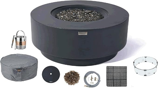Elementi+ | Bundle Nimes Gas Fire Pit Cast Concrete 40" Dia. Round Fire Table, Outdoor Fire Pit Electronic Ignition | Canvas Cover, Fire Glass and Burner Lid Included | Dark Gray | Natural Gas