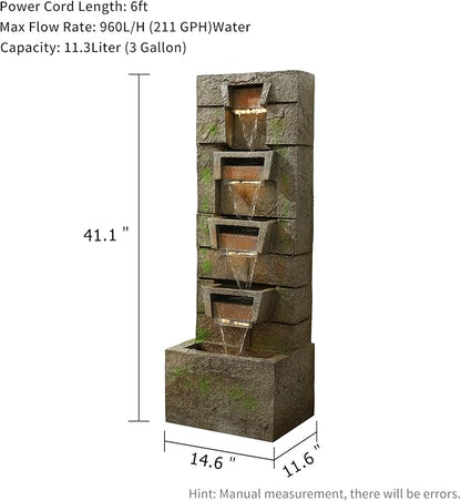 41.1" Outdoor Water Fountains Modern Fountain with LED Lights with Water Pump 4 Tier Floor Standing Outdoor Waterfall Fountain for Garden, Yard, Home Decor, Patio, Yellow