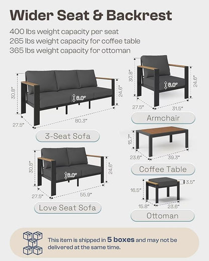 Aluminum Outdoor Patio Furniture Set with Coffee Table, 7 Piece Patio Conversation Sets with Thick Cushion, Ottomans, Outdoor Sectional Furniture Set for Porch, Balcony, Deck, Yard, Graphite
