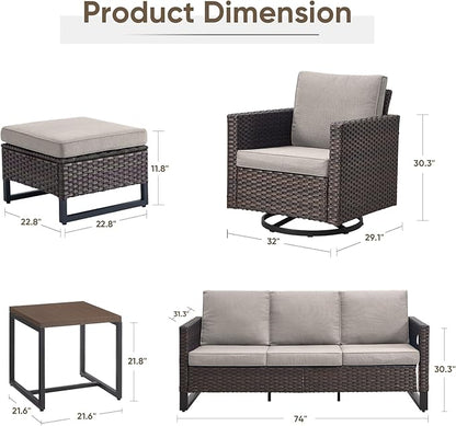 Wicker Patio Furniture Set, 6 PCS Outdoor Patio Furniture Set with Swivel Chairs, Includes 2 Swivel Patio Chairs, 1 Outdoor Couch, 1Side Table and 2 Ottoman, Brown/Beige