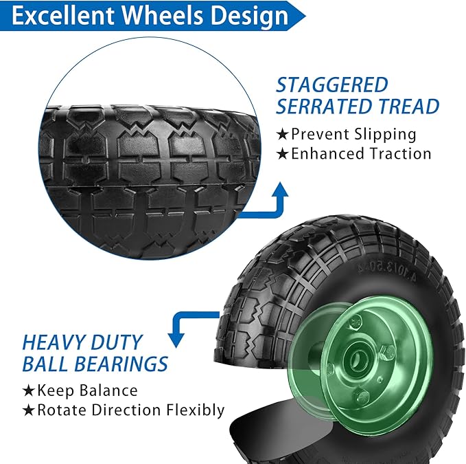 4.10/3.50-4 Tires and Wheels Flat Free 10 Inch Solid Tires Replacement with 5/8" Axle Bore Hole, 16 Spacers 8 Pins, for Cart, Garden Wagon, Wheelbarrow, Hand Truck, Trolley, Lawn Mower，4P